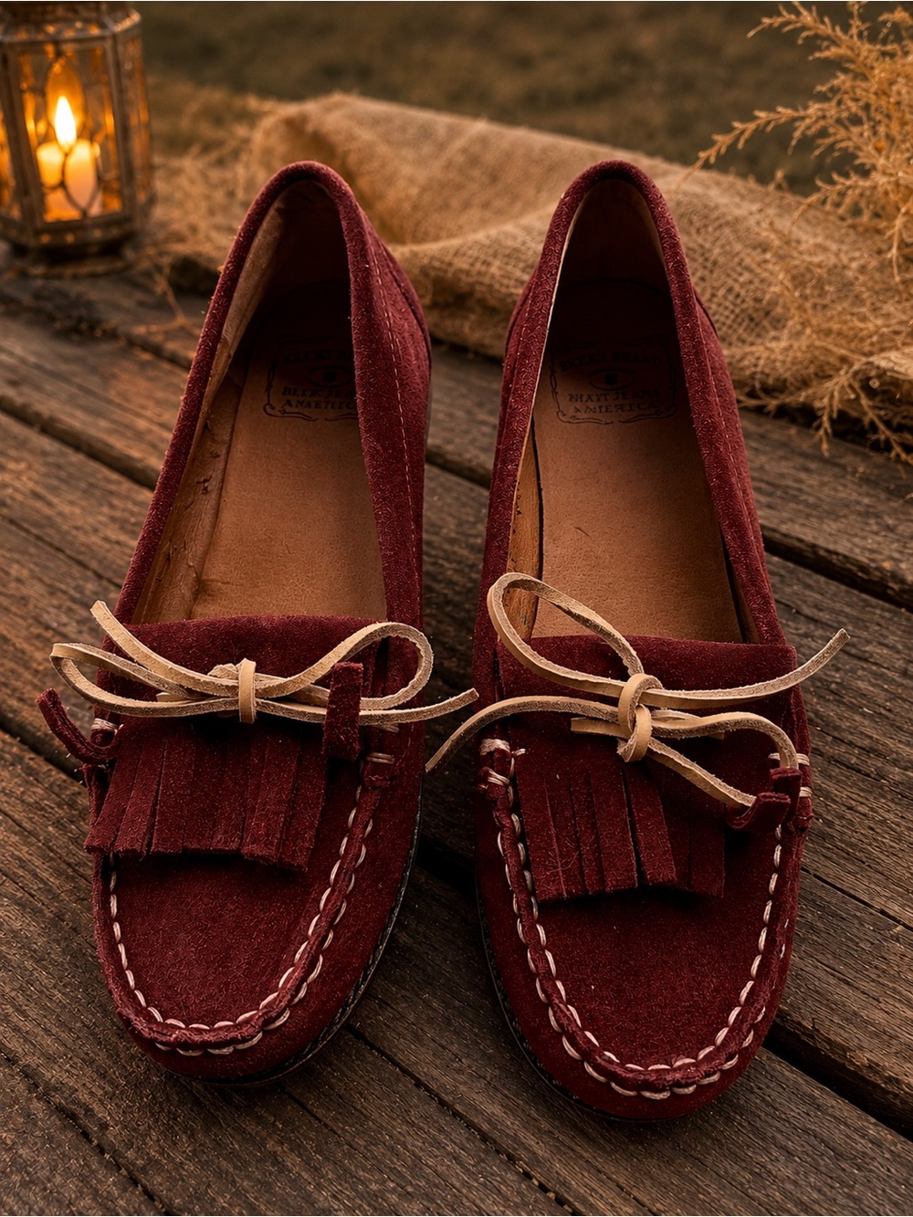 Lucky Brand Crimson Suede Moccasins tassels Sz 8 | Boho Festival Preppy Loafers - Picture 3 of 13